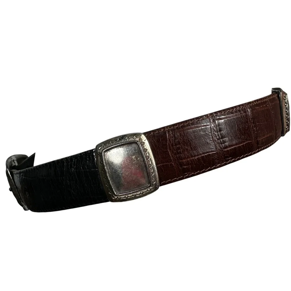 VTG Brighton Belt‎ Womens Small Black Brown Croc Embossed Leather Silver Buckle